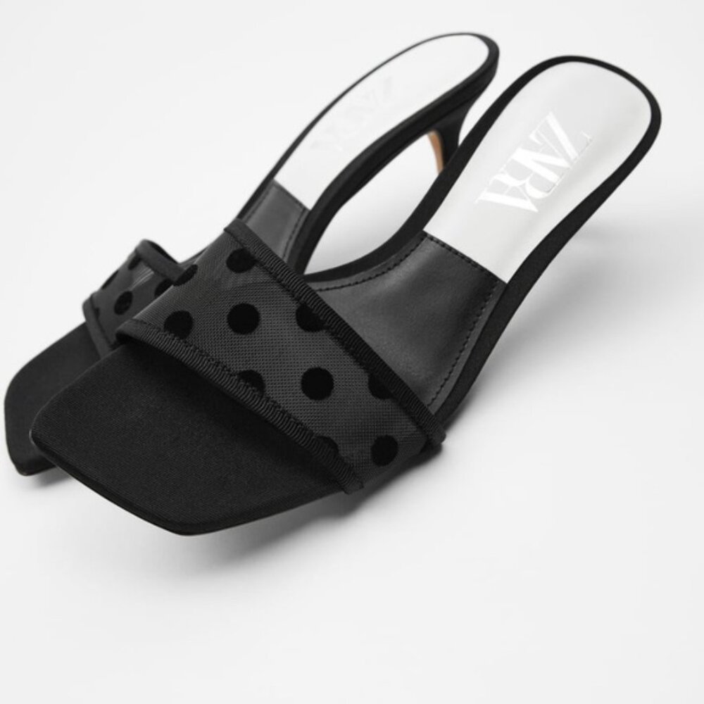 ZARA Black Mesh Heeled Party Sandals Slides 37 NEW 6.5